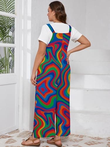 AusLook Plus Size Women's Adjustable Straps Jumpsuits Psychedelic Color Flow 2X Casual Loose Wide Leg Overalls with Pockets - Thumbnail 2