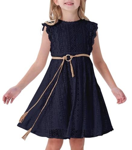 ALLOVIN Toddler and Girls Vintage Boho A-Line Lace Dress with Belt Pom Pom Trim Birthday Party Dress | Navy Blue | 3-4T - Image 1