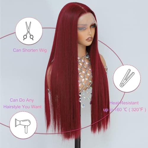 Barbique 13x6 Lace Front Wig 26 Inch Straight Synthetic Hair Burgundy Wig - Thumbnail 3