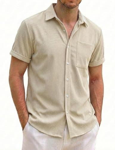 ZAFUL Mens Golf Shirts Casual Mens Short Sleeve Shirts Button Down Beach Outfits Apricot L - Image 1