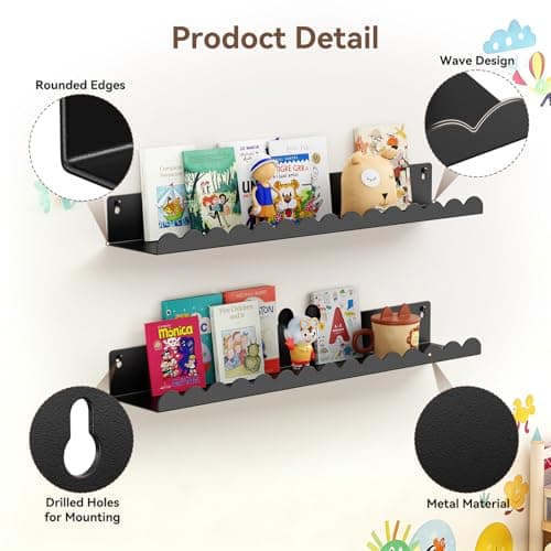 Gattlukd Floating Shelves for Wall, 23 Inch Metal Nursery Book Shelves 4 Pack, Wall Mounted Book Shelf for Kids Room, Bedroom, Bathroom, Playroom Decor (Black) - Thumbnail 4