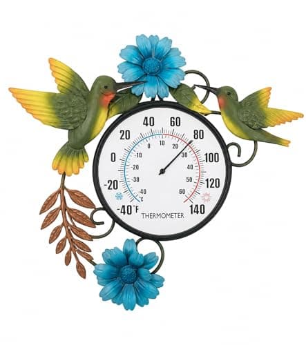 Twirleternity Outdoor Thermometer Waterproof, Decorative Outdoor Thermometers for Patio, Metal Wall Thermometer for Garden Fence Porch Indoor Outdoor Decor, Blue Daisy & Hummingbird - Image 1