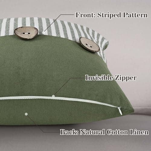 ASPMIZ Linen Throw Pillow Covers 20x12 Set of 2, Boho Farmhouse Couch Pillow Cover with Rustic Buttons, Soft Decorative Cushion Covers for Sofa, Bedroom, Living Room, Home Decor, Green - Thumbnail 4
