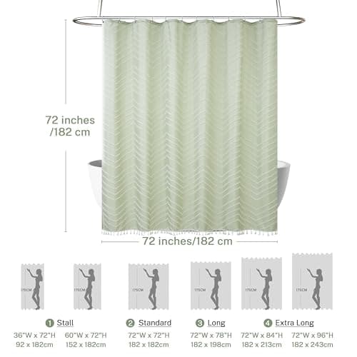 Boho Shower Curtain with White Tassel Woven Fabric Sage Green Shower Curtain 72 x 72 Modern Farmhouse Textured Tufted Chevron Striped Minimalist Bathroom Shower Curtain - Thumbnail 5