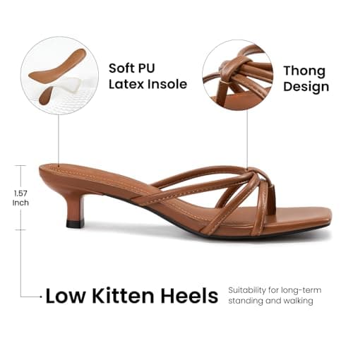 Athlefit Brown Heels Strappy Square Toe Flip Flop Short Kitten Heels for Women Slip On Fashion Low Heel Thong Sandals Size 6.5 - Thumbnail 4