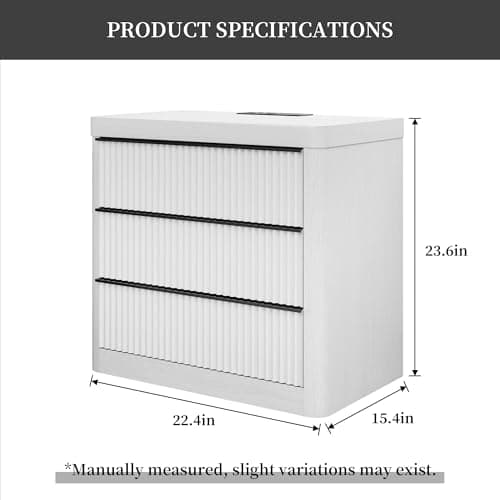 FUSUNBAO Fluted Night Stand with Charging Station,3 Drawers Large End Table with Storage,Natural Nightstand Wood Bedside Tables,Farmhouse Cabinet Dresser for Bedroom,Sofa Table(White Oak) - Thumbnail 2