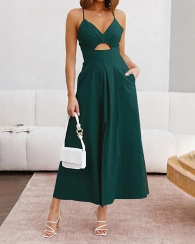 BTFBM Women 2026 Spaghetti Strap Midi Summer Dresses Sleeveless V Neck Cutout Slit Casual Beach Party Maxi Dress Pockets(Dark Green, XX-Large) - Thumbnail 6