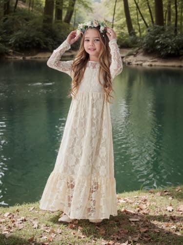 ALLOVIN Toddler & Girls Long Sleeve Lace Flower Girl Dress Maxi Boho A-Line Dress for Wedding Baptism 1st Communion | Light Yellow | 10-11Y - Thumbnail 5
