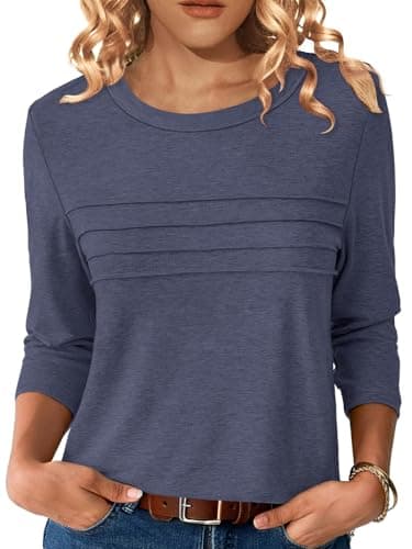 NORACORA 3/4 Length Sleeve Womens Tops Spring Fall Fashion Tops 2025 Dressy Casual Blouses Trendy Pleated Tunic Outfits Tee Tshirts Navy Blue XXL - Image 1