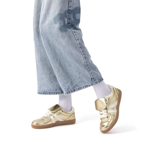 Rihero Women's Fashion Sneakers Tennis Walking Shoes Lace-Up Comfortable Non Slip Casual Gold Sneakers Size 6 - Thumbnail 2