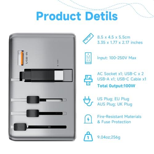 Minthouz Universal Travel Adapter, International 100W Power Adapter GaN Fast Charger with 2 USB-C PD, 1 USB-C Cable &A Ports, All-in-One Portable AC Power Plug Adapter for USA EU UK AUS - Thumbnail 5