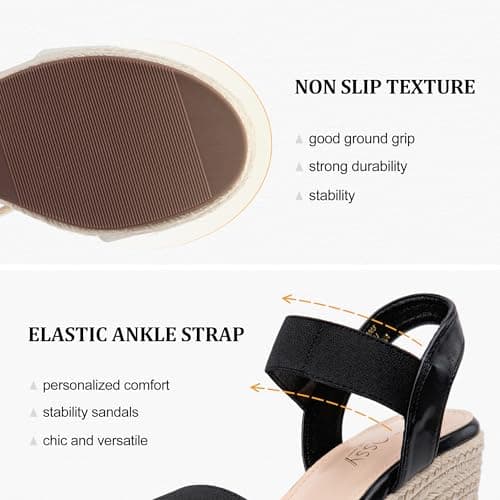 Jeossy Women's Espadrille Wedge Black Sandals Comfortable Platform 3.5 Inch Wedges Heel with Arch Support, Summer 8801 Sandals for Beach, Wedding, Casual & Dressy Wear, Size 6(DJY8801 Black 06) - Thumbnail 5