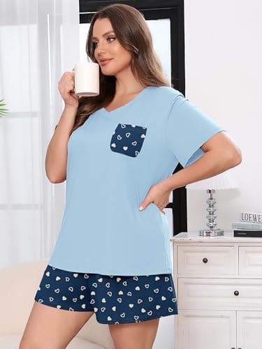AusLook Plus Size Pajama Set for Women 2 Piece V Neck Short Sleeve Loungewear 2X Set with Pajama Printed Shorts Summer Sleepwear Loose Fit 1X-5X - Thumbnail 3