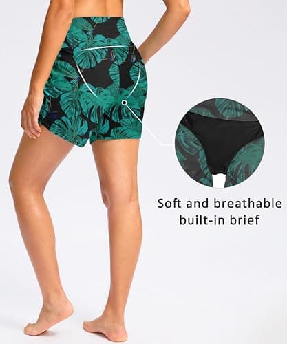 Viodia Women's 5" High Waisted Swim Board Shorts Quick Dry Beach Shorts with Pockets UPF 50+ Swimsuit Bottoms with Liner Leaf XL - Thumbnail 3