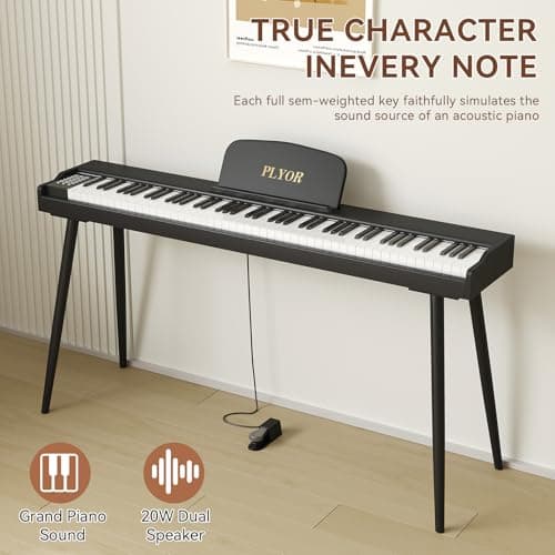 PLYOR 88 Key Digital Piano Keyboard with Stand & Sustain Pedal, Full-Size Semi Weighted Electric Piano for Beginners/Adults, Home Professional Piano with Headphone Jack, MIDI Connectivity, Black - Thumbnail 3