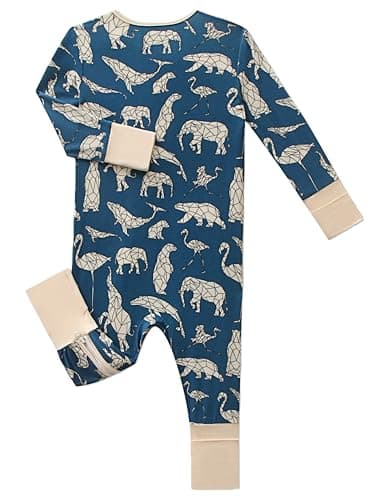 Joonberry Infant Baby Girl Clothing Bamboo Rayon Footies, Newborn outfit Footed Long Sleeve Jumpsuit with Zipper and Mitten Cuffs (Geometric Animals, 3-6M) - Thumbnail 2