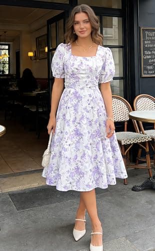 Belle Poque Purple Floral Vintage 1950s Cocktail Party Dress 2026 Summer Square Neck Flowy Baby Bridal Shower Dress S - Thumbnail 3