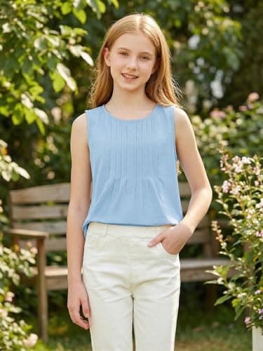 XMWEALTHY Girls Summer Tops Fashion Casual Sleeveless T Shirts for Girls Round Neck Pleated Blouse Tops 5-14 Years Kid Blue 5-6T - Thumbnail 5