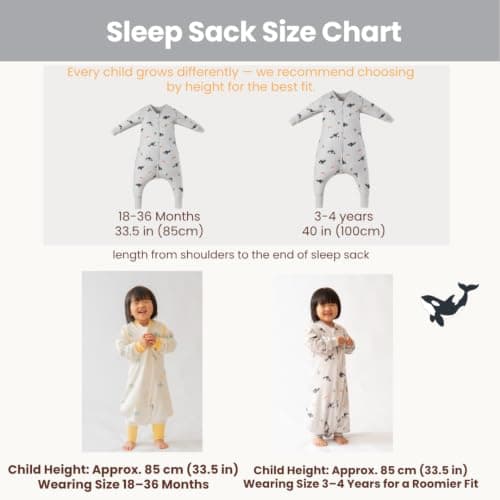 AnZai Merino Wool & Organic Cotton Toddler Sleep Sack with Feet – Removable Sleeves, Wearable Blanket with Legs (Grey Orca Dreams, 3-4 T) - Thumbnail 6