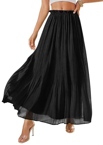 PRETTYGARDEN Pleated Midi Skirts for Women 2026 Flowy Summer Beach Vacation High Waisted Chiffon Boho A-Line Long Skirt(Black,Large) - Image 1