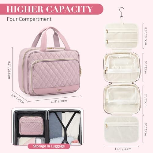 MDODO Travel Toiletry Bag for Women Hanging Cosmetic Organizer with Brush Compartment Makeup Bag for Full Sized Travel Essentials, Pinkish Purple - Thumbnail 3