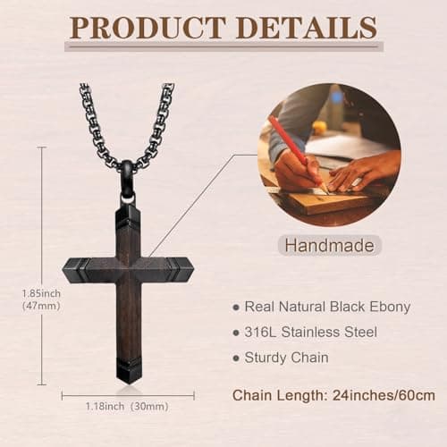 Wooden Cross Necklace for Men-Hawaiian Real Handmade Ebony Wood Cross Pendant Necklace Stainless Steel Chain, Mens Brown Cross Necklaces Koa Wood Jewelry Christian Baptism Crucifix Pendant for Men - Thumbnail 2