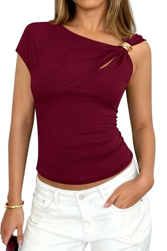 PRETTYGARDEN Womens Summer Tops 2026 One Shoulder Buckle Cut Out Asymmetrical Y2K T-Shirts Knit Spring Going Out Shirts(Burgundy,Medium) - Image 1