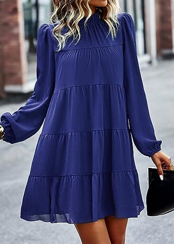 KIRUNDO Long Sleeve Baby Doll Dresses Women 2026 Casual Summer Fall Ruffle Mock Neck Tiered Mini Flowy Swing Shift Dress(Blue, Small) - Thumbnail 2