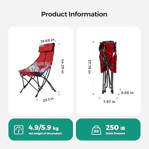 SUNNYFEEL High Red Camping Chair for Adults, Lightweight Camping Chair Support 250 lbs Heavy Duty, Compact Folding Chair Design, Portable & Collapsible Camping Chairs for Outdoor, Camp, Beach, Picnic - Thumbnail 2