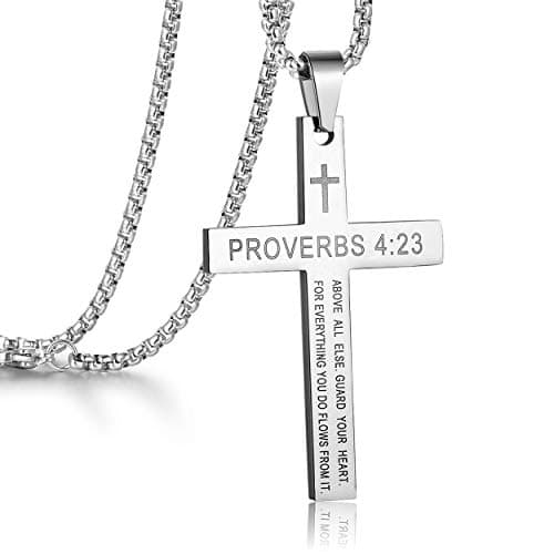 Rehoboth Stainless Steel Cross Pendant Necklaces for Men or Women PROVERBS 4:23 Strength Bible Verse Pendant Chains 24 Inch Silver - Image 1