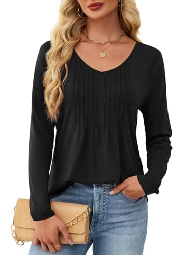 JUSTFASHIONNOW Black Shirts for Women Trendy Long Sleeve Tops Plus Size Dressy Blouses Pleated Maternity V Neck Shirt Tunics Early Fall Fashion (Black, XX-Large) - Thumbnail 5
