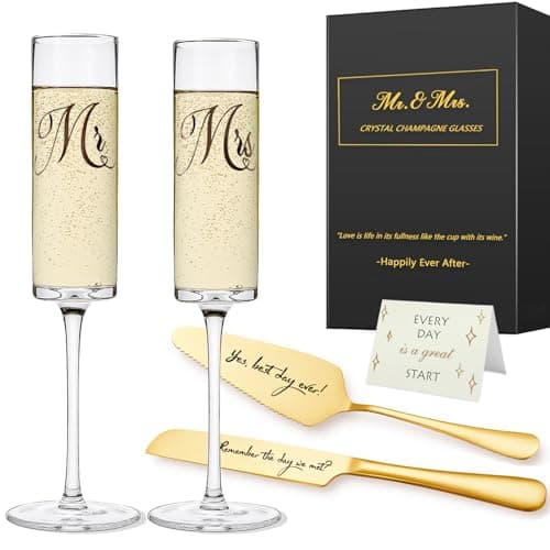 Yeegook Mr and Mrs Champagne Flutes, Bride and Groom Champagne Glasses, Wedding Glasses with Cake Cutting Set, Bridal Shower Gifts, Unique Wedding Gift Engagement Gifts for Couples - Image 1