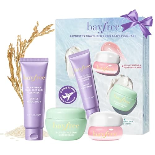 bayfree Favorites Travel Dewy Skin & Lips Plump Set, Hydrating Korean Skin Care Set with Rice-Essence Wash, Water Cream & Lip Mask, Gentle Vegan Skincare Gift Set for Girls Women, Glowing Skin
