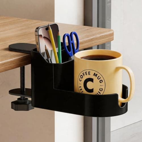 Clamp On Desk Cup Holder with Storage Organizer, Desk Side Organizer with Phone Slot, Pen Pencil Holder, Anti-Spill Drink Holder with Charging Hole, Clamp Desk Accessory for Office Gaming Table
