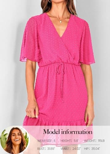 KIRUNDO Womens Summer Dresses 2026 Casual Spring Short Sleeve V Neck Ruffle Swiss Dot High Waist Belted Flowy Mini Dress(Style2-Rose Red, Medium) - Thumbnail 2
