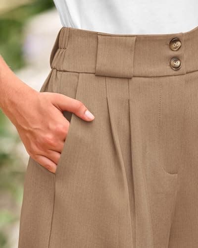 KIRUNDO Womens Shorts Dressy Casual 2026 Trendy Summer Elastic High Waisted Pleated Side Slit Business Work Shorts Pockets(Khaki, XX-Large) - Thumbnail 6
