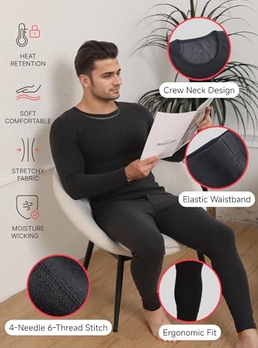 TRENDOUX Mens Long Johns Underwear, Warm Thick Thermals Top And Bottom Set With Polar Fleece Lined, Thermal Stretchy Soft Winter Base Layers, Cold Weather Inner Sports Underwear Black XL - Thumbnail 2