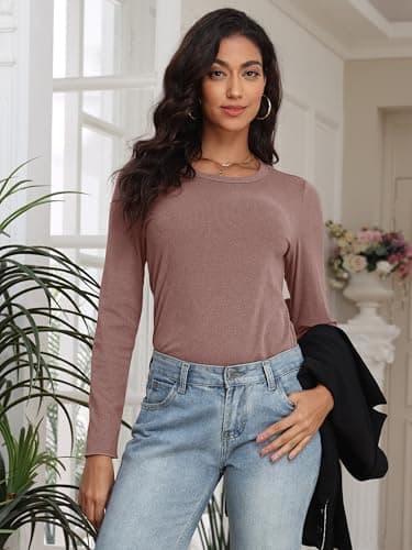 COCOMARTS Womens Long Sleeve Crewneck Knit Basic Tops Loose Casual Shirt 2025 Fall Winter Outdoor Thermal Undershirts Brown Small - Thumbnail 3