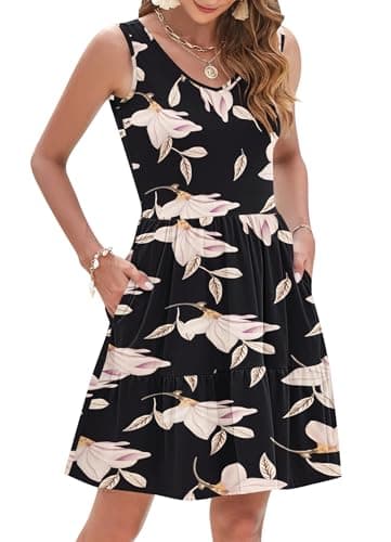 AUSELILY Womens Summer Dresses 2026 Casual Sleeveless Sundress Beach Vacation Flowy Tiered Short Dresses with Pockets Morning Glory Black XL - Image 1
