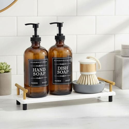 Soap Dispenser Set – 16oz Refillable Amber Glass Bottles with Brush Holder, Dish Scrub, Diatomite Tray, 12 Waterproof Labels – Brown Non-Slip Base for Home Upgrade, Rustic Farmhouse Style (Set of 6) - Thumbnail 2
