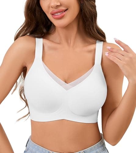 POSESHE Soft Wirefree V Neck Mesh Women's Bras Full Coverage No Underwire Everyday Comfortable Seamless Padded Bra White - Image 1