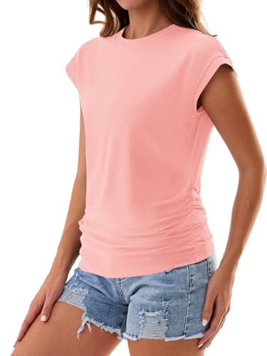 GKBK Womens Summer Cotton Tops Ruched Cap Short Sleeve Tshirts Crew Neck Shirts Fashion Coral XXL - Thumbnail 3