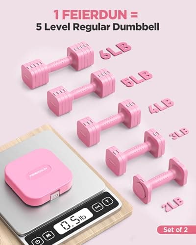 FEIERDUN 5-in-1 Adjustable Dumbbell Set of 2, 12LBS/6LBS Hand Weights for Women, 1s-Adjust Dual-Stable Dumbbell Set for Women Home Gym & Outdoor, Pink - Thumbnail 2