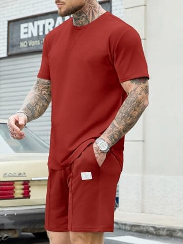 JEMLDL Lounge Sets for Men 2 Piece Summer Casual Outfits Short Sleeve Shirt & Shorts Matching Set Sweat Suit Vacation Clothing Red XL - Thumbnail 4