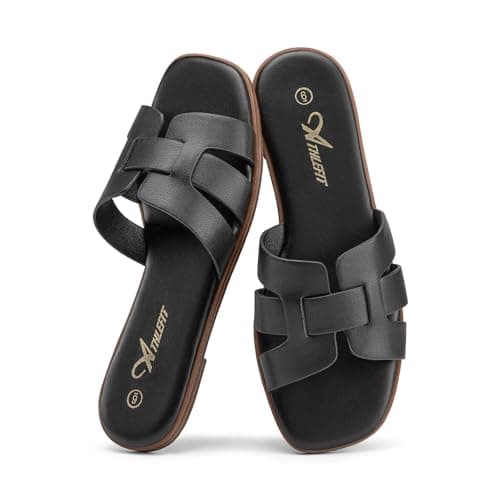 Athlefit Women's Black Flat Sandals Fashion Square Open Toe Dressy Summer Slip On Leather Slide Sandals Size 10 - Image 1