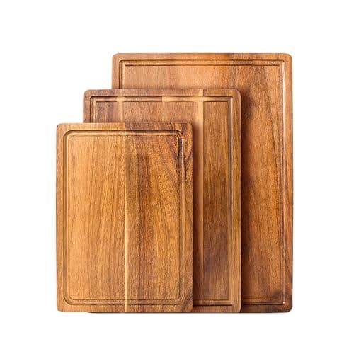 3 Pack Solid Acacia Wood Cutting Boards Set, Hardwood Chopping Boards for Kitchen, Reversible Multipurpose Board, Decorative Charcuterie Board, Bread Cheese Serving Tray - Image 1