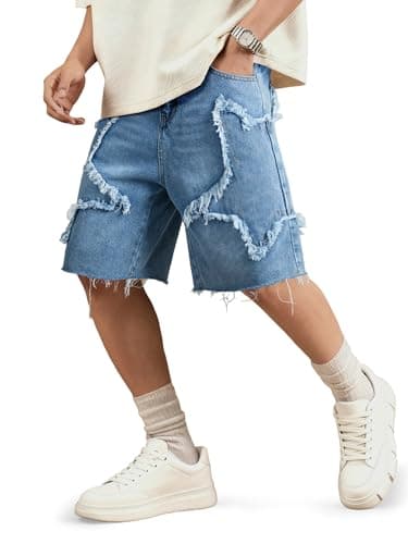 JMIERR Men's Baggy Jorts Loose Fit Wide Leg Comfy Y2K Hip Hop Streetwear Vintage Casual Star Denim Shorts with Pockets, Sail Blue, X-Large - Image 1