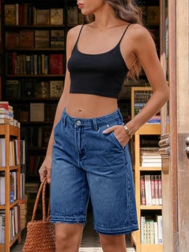 Tankaneo Women Baggy Bermuda Jean Shorts High Waisted Wide Leg Raw Hem Denim Shorts Summer Casual Y2k Jorts - Thumbnail 5