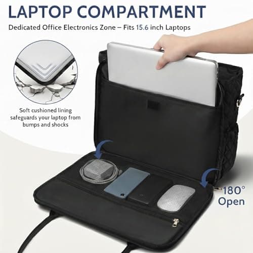 AHHZOOPLL 2-in-1 Lunch & Laptop Tote Bag for Women, 15.6" Lightweight Quilted Work Bag with Insulated Compartment, Water-Resistant Professional Commuter Bag for Office, Teacher, Nurse, Travel - Black - Thumbnail 4