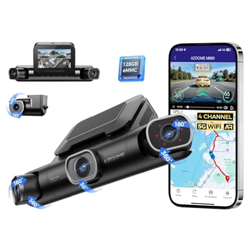 AZDOME 360° 4 Channel Dash Cam Front and Rear Inside, Built-in 128GB eMMC, 2K+1080P*3 Dashcam, Left Right, Voice Control, 5G WiFi Dash Camera for Cars with 4 Adjustable Lenses, IR Night Vision, M660